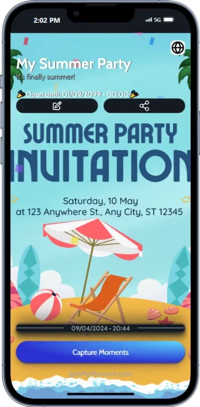 JoinMyMoment Moment with a summer party invitation as a cover
