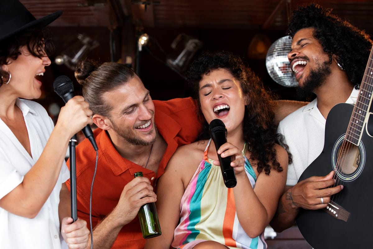 Crowded neighbourhood bar during a weekly karaoke night with guests filming on phones